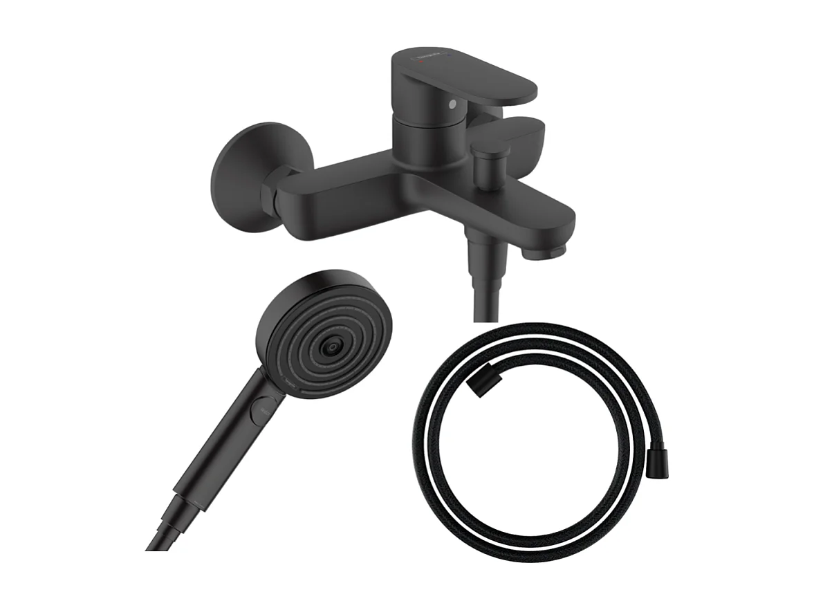 Pack mitigeur bain douche HANSGROHE Vernis Blend + Flexible Designflex + Pommeau HANSGROHE Pulsify Select 105 3 jets noir mat