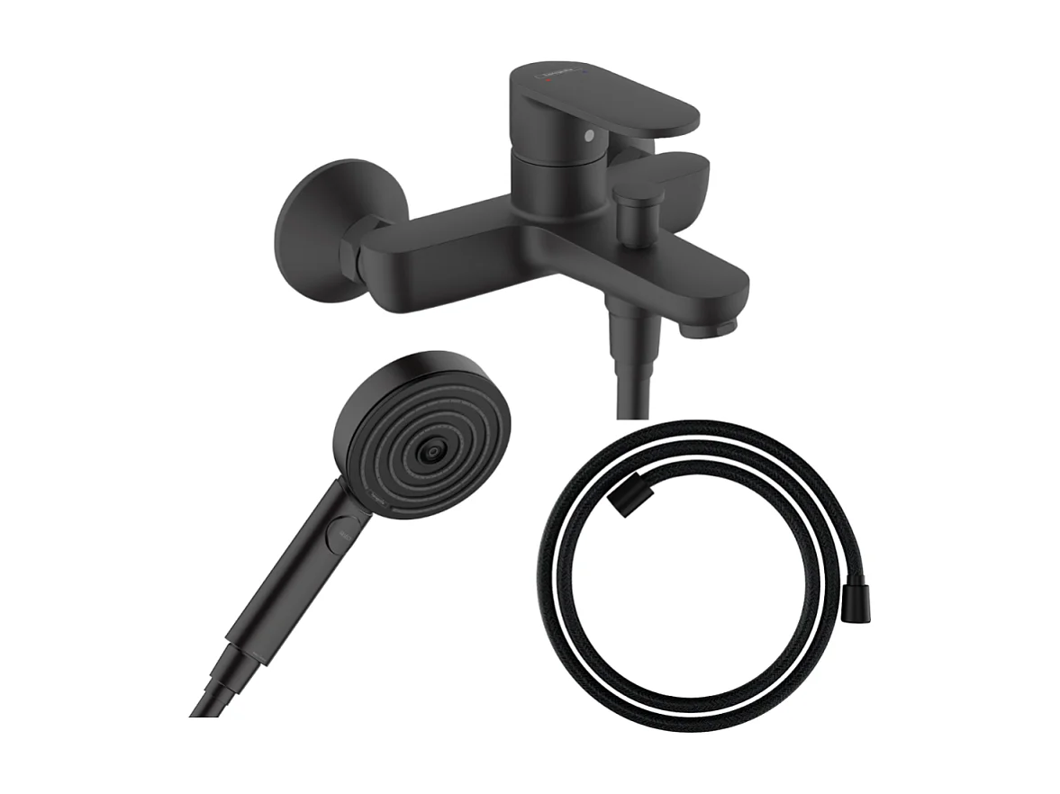 Pack mitigeur bain douche HANSGROHE Vernis Blend + Flexible Designflex + Pommeau HANSGROHE Pulsify Select 105 3 jets noir mat