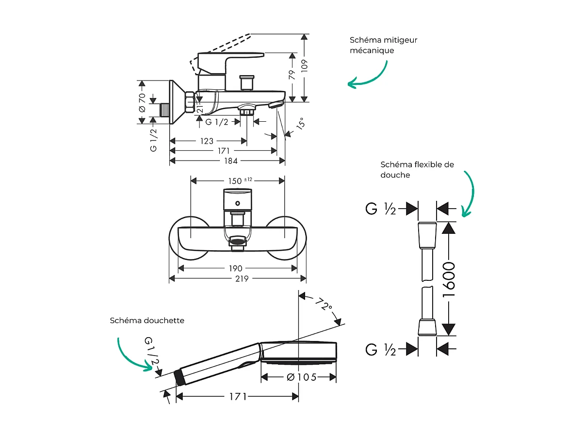 Pack mitigeur bain douche HANSGROHE Vernis Blend + Flexible Designflex + Pommeau HANSGROHE Pulsify Select 105 3 jets noir mat