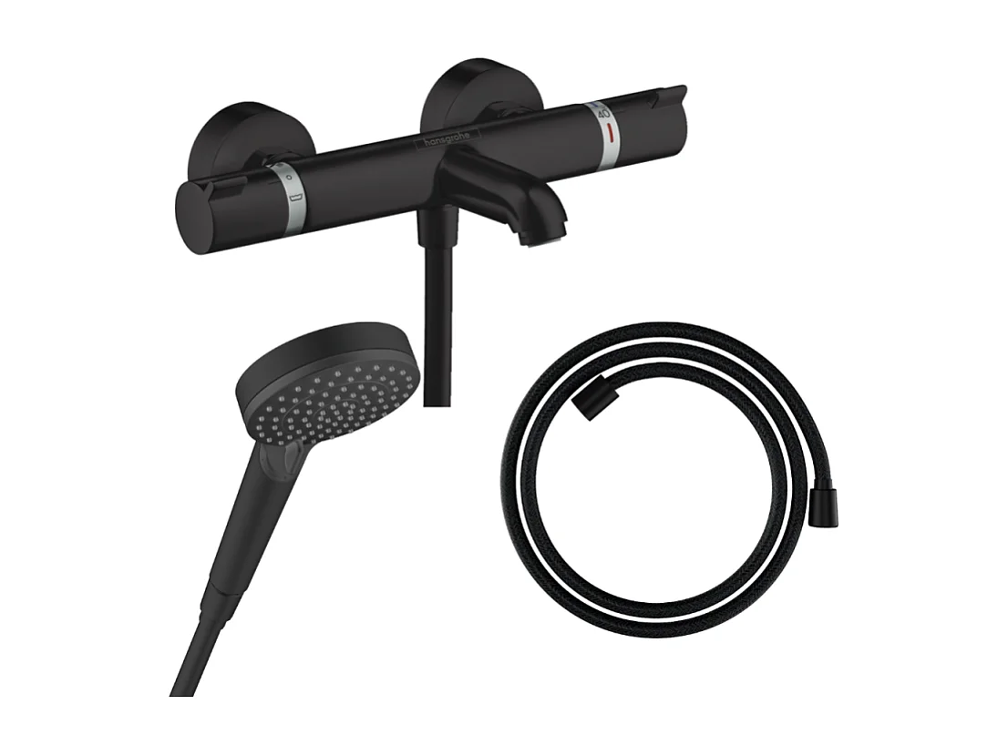 Pack mitigeur bain douche thermostatique HANSGROHE Ecostat Comfort  + Flexible Designflex + Pommeau Vernis Blend Vario noir mat
