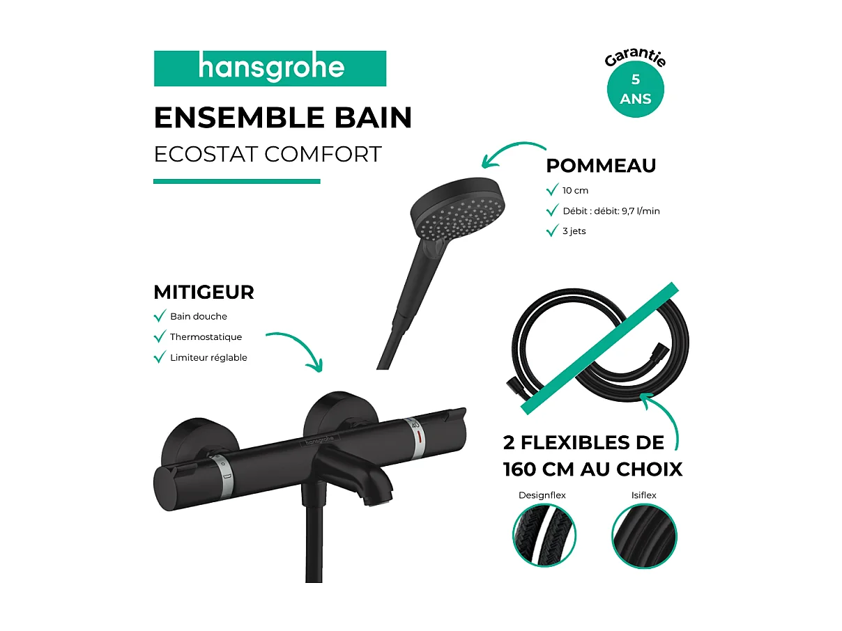 Pack mitigeur bain douche thermostatique HANSGROHE Ecostat Comfort  + Flexible Designflex + Pommeau Vernis Blend Vario noir mat
