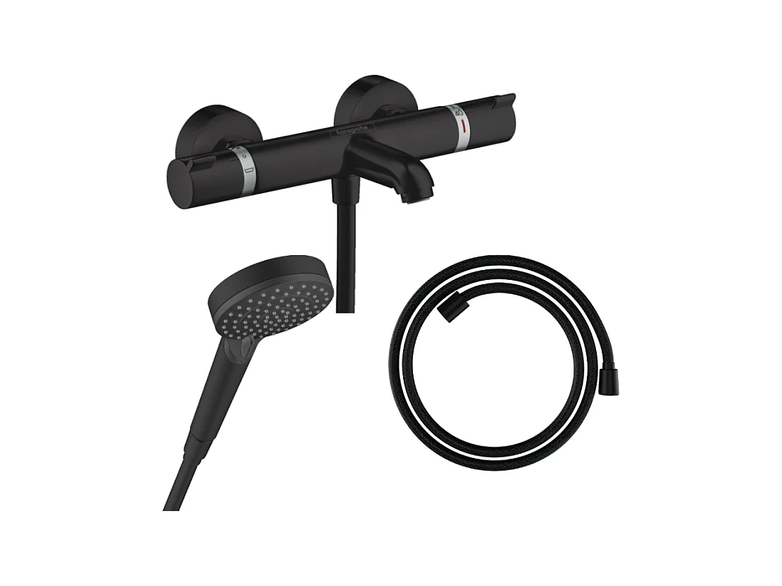 Pack mitigeur bain douche thermostatique HANSGROHE Ecostat Comfort  + Flexible Designflex + Pommeau Vernis Blend Vario noir mat