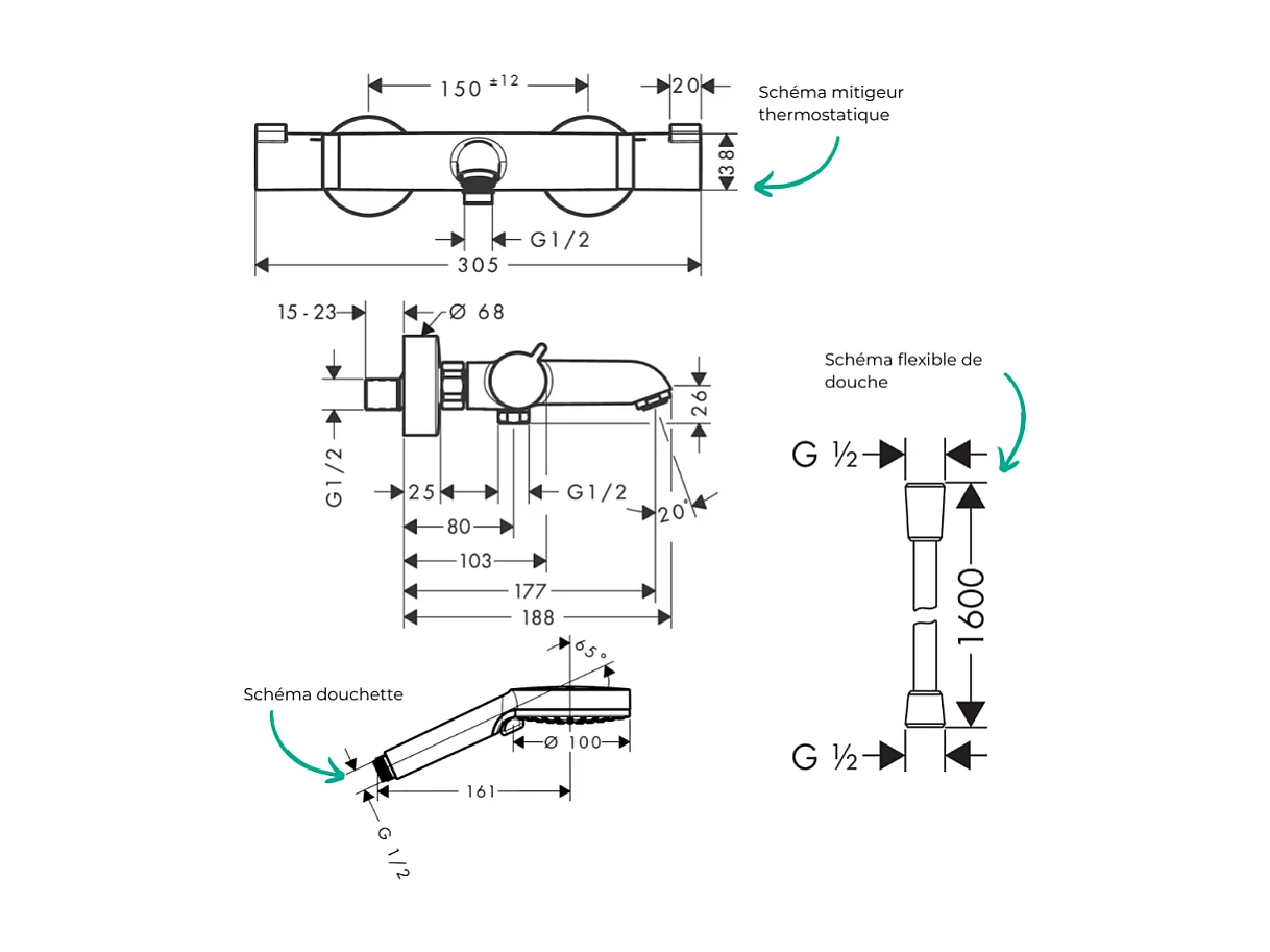 Pack mitigeur bain douche thermostatique HANSGROHE Ecostat Comfort  + Flexible Designflex + Pommeau Vernis Blend Vario noir mat