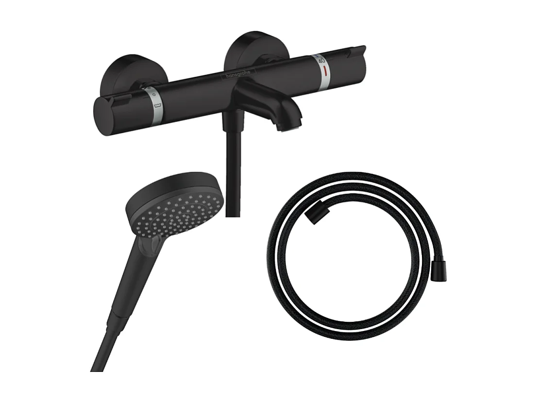 Pack mitigeur bain douche thermostatique HANSGROHE Ecostat Comfort  + Flexible Designflex + Pommeau Vernis Blend Vario noir mat