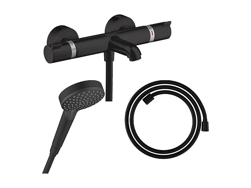 Pack mitigeur bain douche thermostatique HANSGROHE Ecostat Comfort  + Flexible Designflex + Pommeau Vernis Blend Vario noir mat