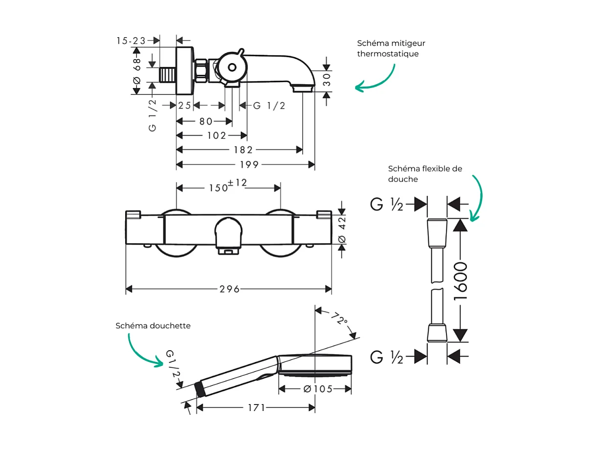 Pack mitigeur bain thermostatique HANSGROHE Ecostat 1001CL + Flexible Isiflex + Pommeau Pulsify Select EcoSmart 105 3jets chromé