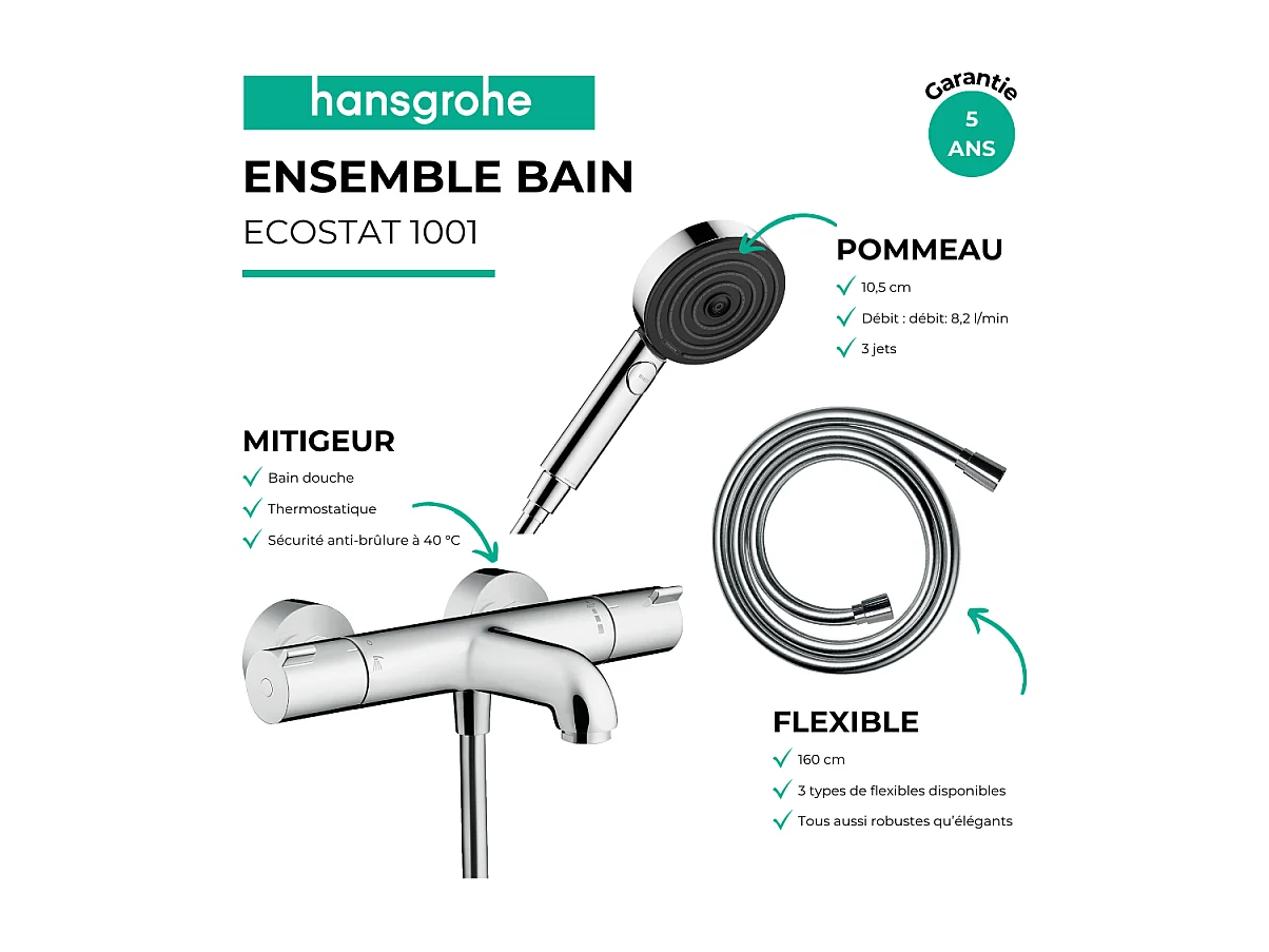Pack mitigeur bain thermostatique HANSGROHE Ecostat 1001CL + Flexible Isiflex + Pommeau Pulsify Select EcoSmart 105 3jets chromé