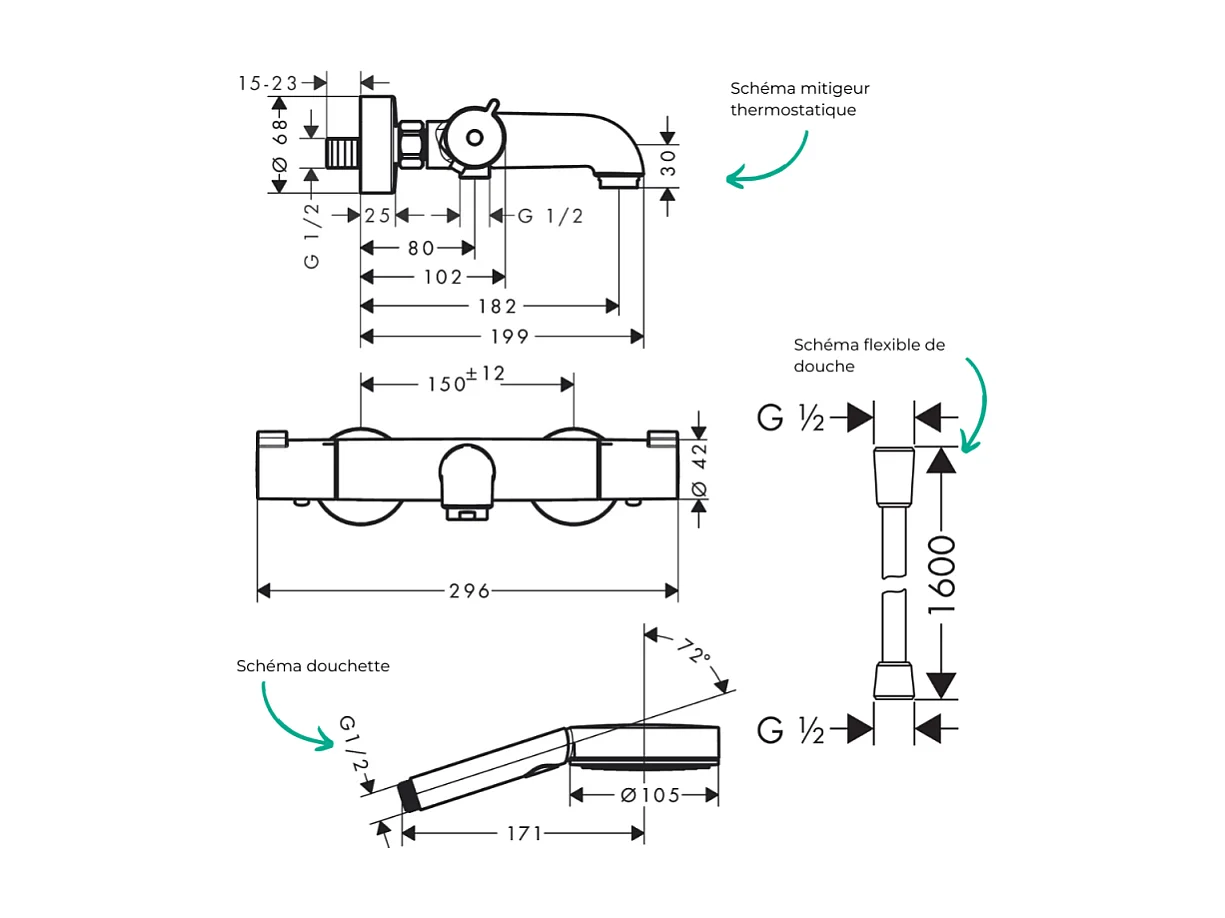 Pack mitigeur bain thermostatique HANSGROHE Ecostat 1001CL + Flexible Isiflex + Pommeau Pulsify Select EcoSmart 105 3jets chromé