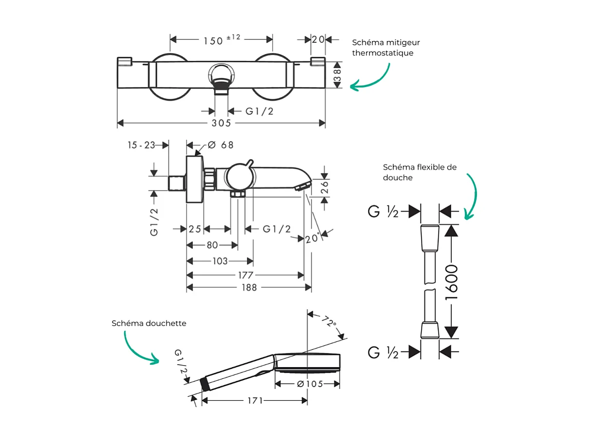 Pack mitigeur bain douche thermostatique HANSGROHE Ecostat Comfort + Flexible Isiflex + Pommeau Pulsify 3jets Relaxation noir mat