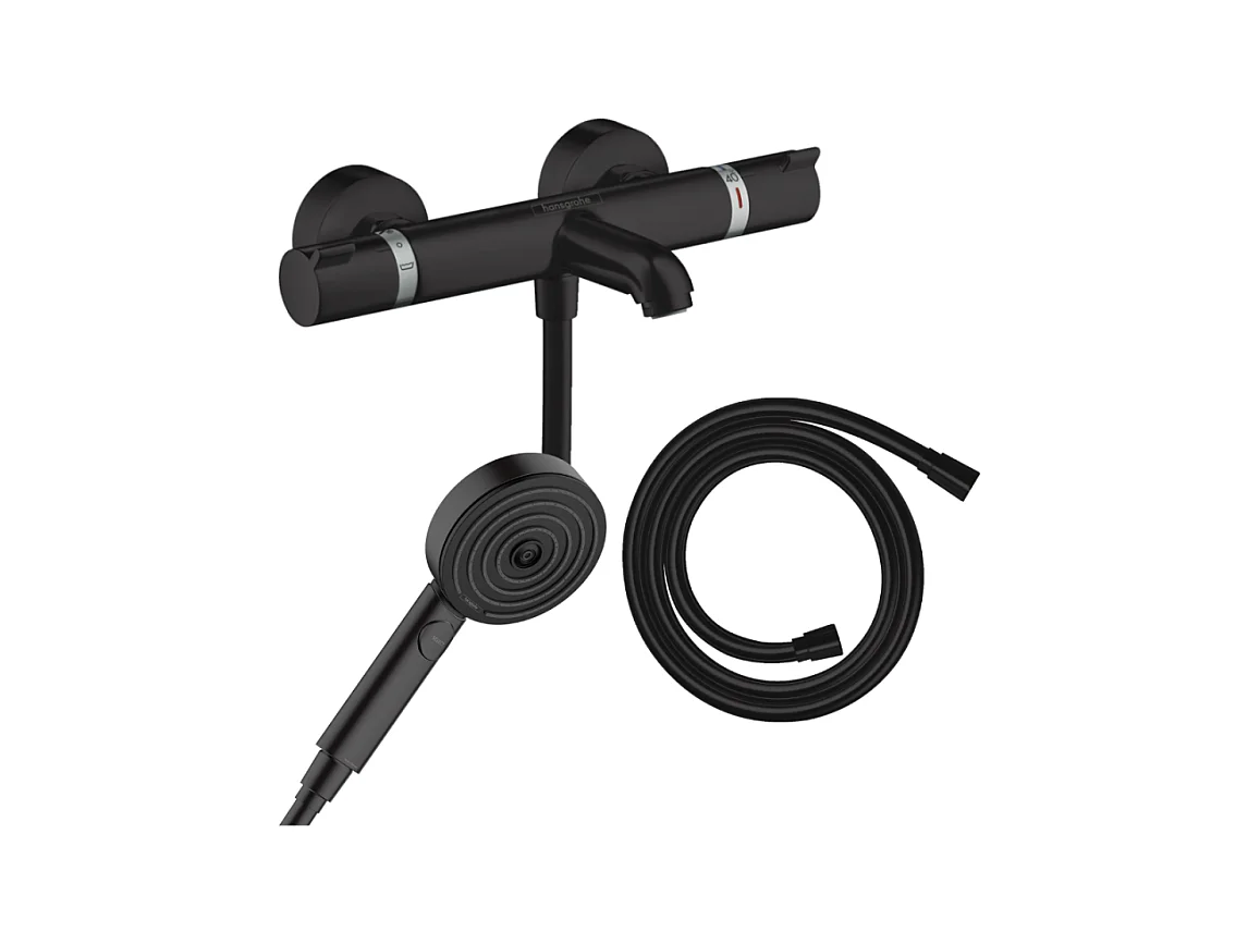 Pack mitigeur bain douche thermostatique HANSGROHE Ecostat Comfort + Flexible Isiflex + Pommeau Pulsify 3jets Relaxation noir mat