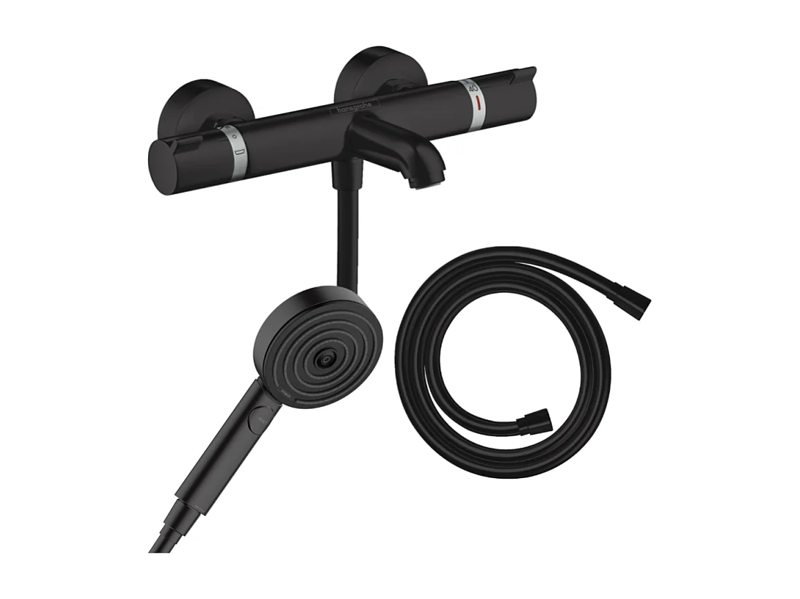 Pack mitigeur bain douche thermostatique HANSGROHE Ecostat Comfort + Flexible Isiflex + Pommeau Pulsify 3jets Relaxation noir mat