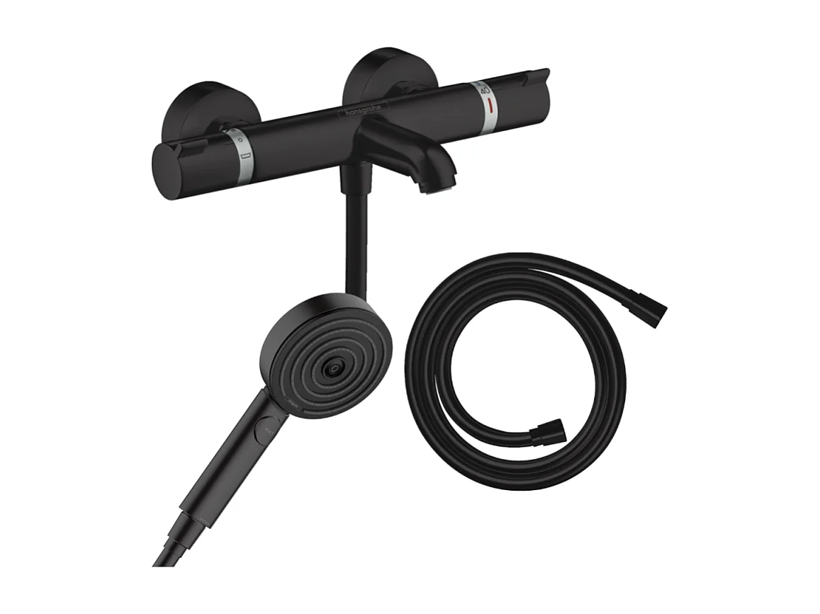 Pack mitigeur bain douche thermostatique HANSGROHE Ecostat Comfort + Flexible Isiflex + Pommeau Pulsify 3jets Relaxation noir mat