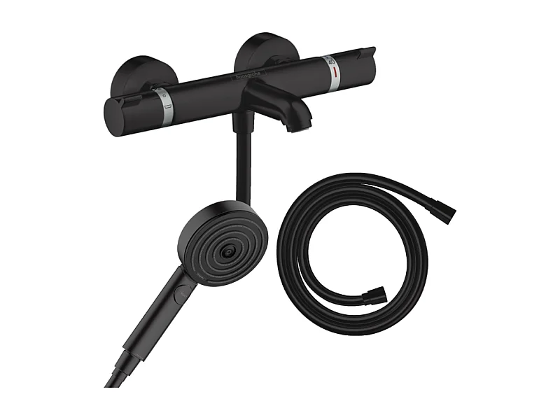 Pack mitigeur bain douche thermostatique HANSGROHE Ecostat Comfort + Flexible Isiflex + Pommeau Pulsify 3jets Relaxation noir mat