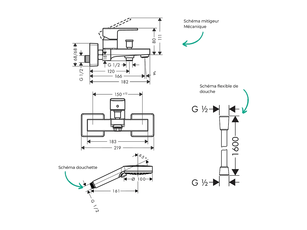 Pack mitigeur bain douche HANSGROHE Vernis Shape + Flexible Designflex + Pommeau HANSGROHE Vernis Blend 100 Vario noir mat