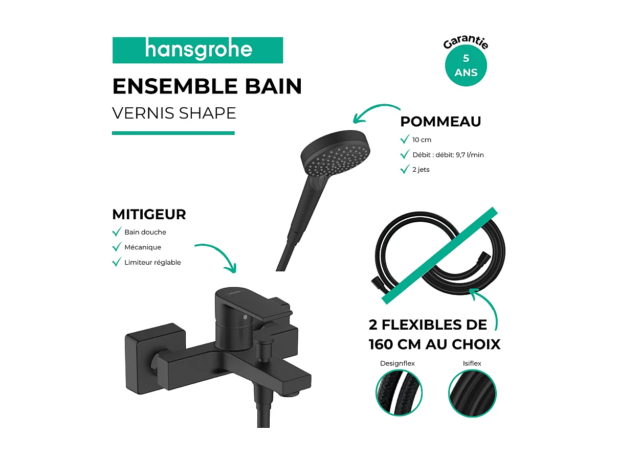 Pack mitigeur bain douche HANSGROHE Vernis Shape + Flexible Designflex + Pommeau HANSGROHE Vernis Blend 100 Vario noir mat
