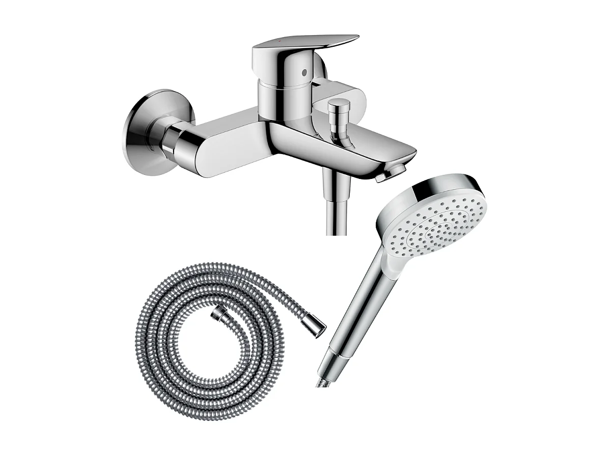 Pack mitigeur bain douche mécanique HANSGROHE Logis + Flexible Metaflex + Pommeau Vernis Blend 100 EcoSmart 1jet chromé