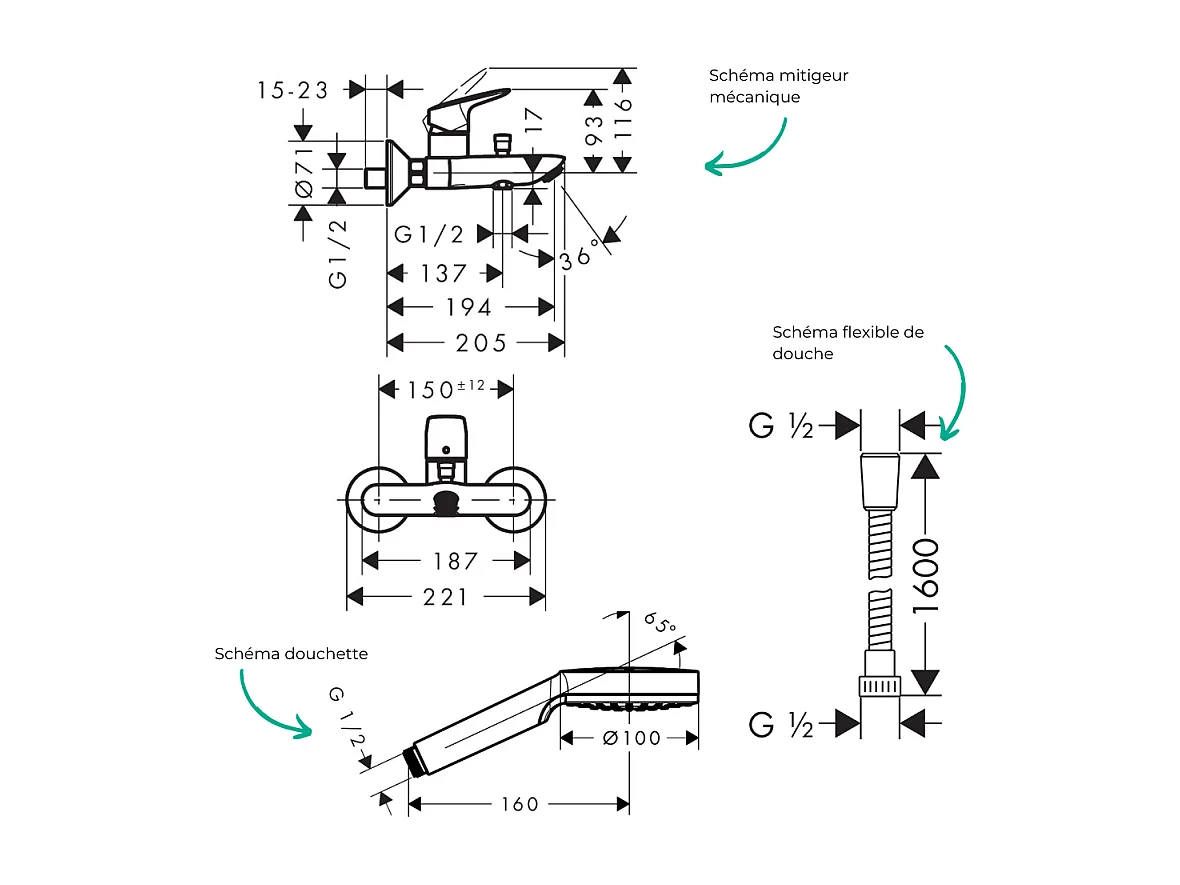 Pack mitigeur bain douche mécanique HANSGROHE Logis + Flexible Metaflex + Pommeau Vernis Blend 100 EcoSmart 1jet chromé