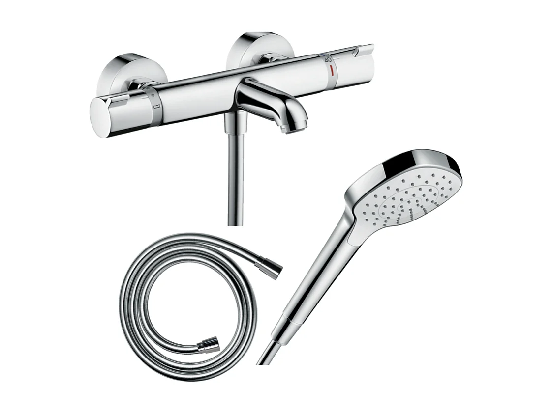 Pack mitigeur bain thermostatique HANSGROHE Ecostat Comfort + Flexible Isiflex 1,6m + Pommeau Croma Select E EcoSmart chromé