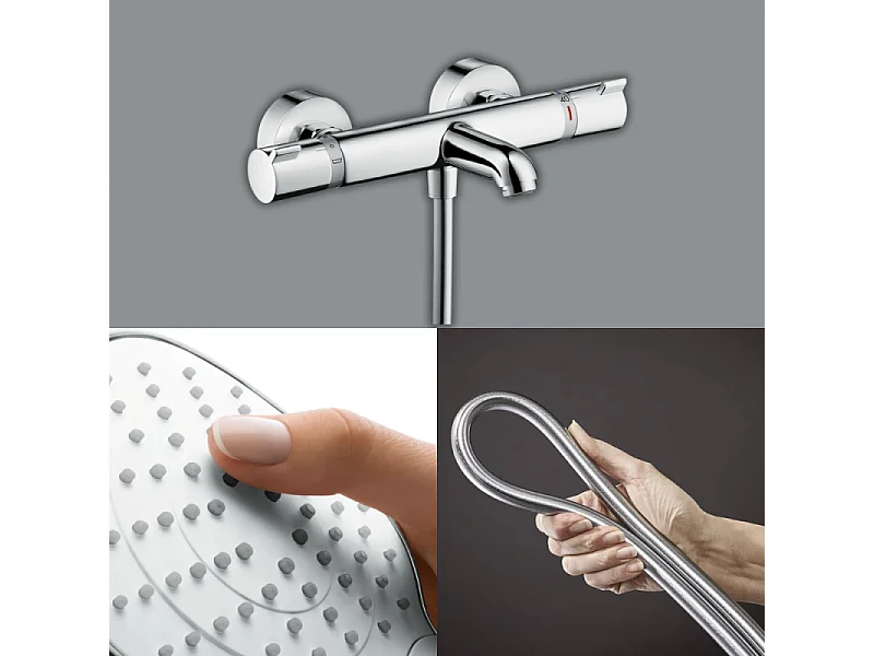 Pack mitigeur bain thermostatique HANSGROHE Ecostat Comfort + Flexible Isiflex 1,6m + Pommeau Croma Select E EcoSmart chromé