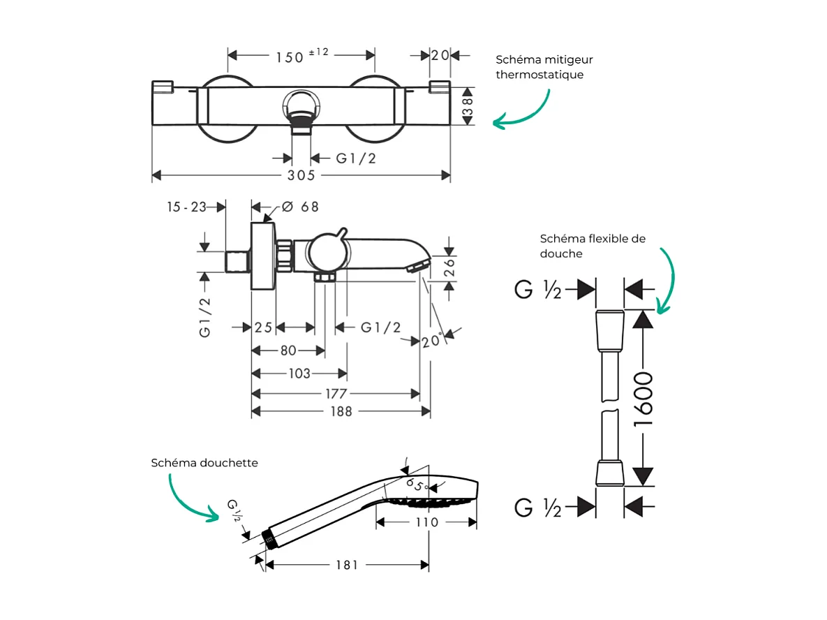 Pack mitigeur bain thermostatique HANSGROHE Ecostat Comfort + Flexible Isiflex 1,6m + Pommeau Croma Select E EcoSmart chromé