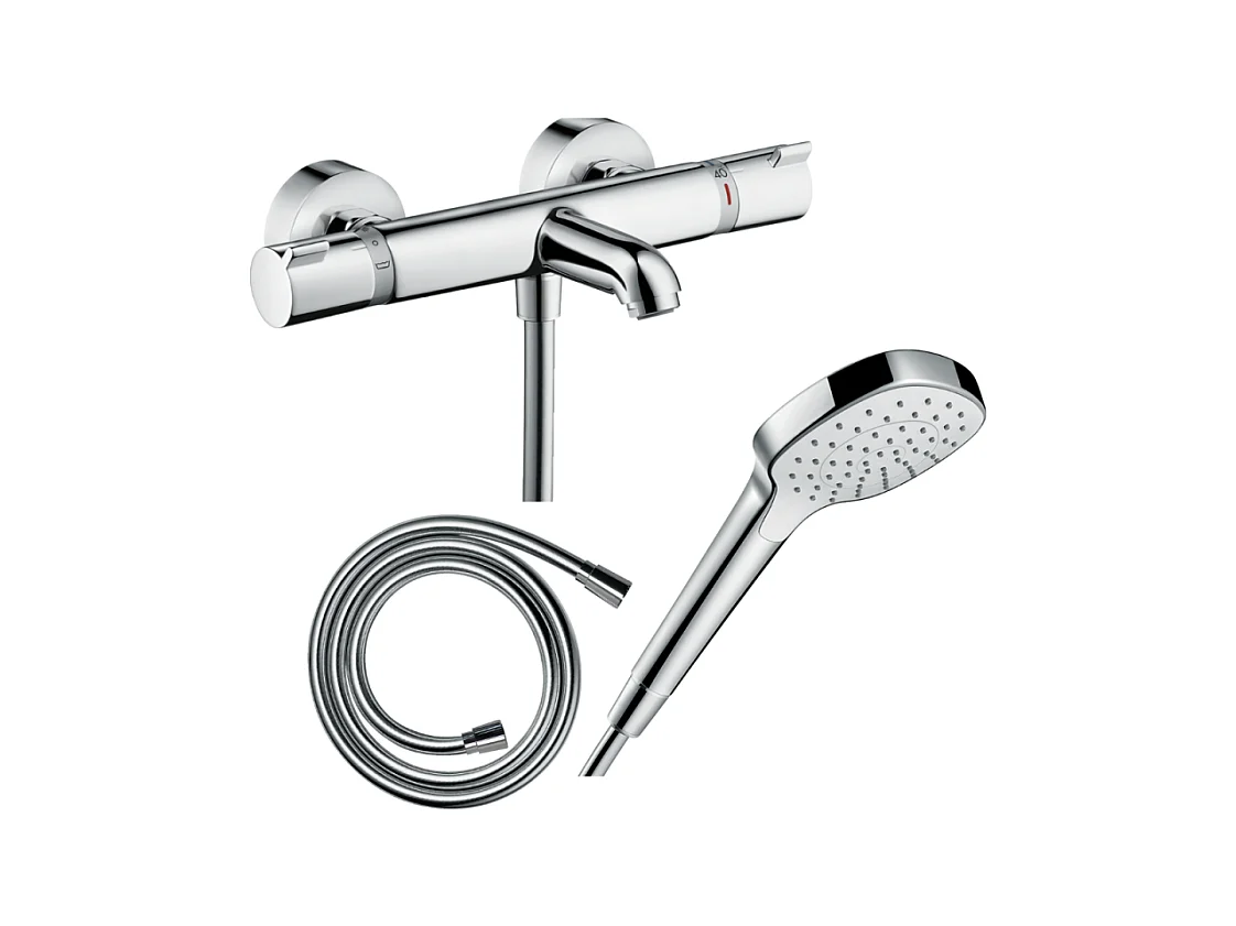 Pack mitigeur bain thermostatique HANSGROHE Ecostat Comfort + Flexible Isiflex 1,6m + Pommeau Croma Select E EcoSmart chromé