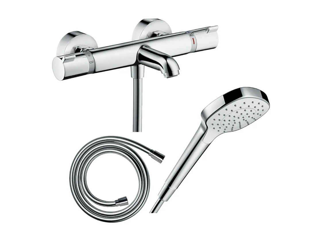 Pack mitigeur bain thermostatique HANSGROHE Ecostat Comfort + Flexible Isiflex 1,6m + Pommeau Croma Select E EcoSmart chromé