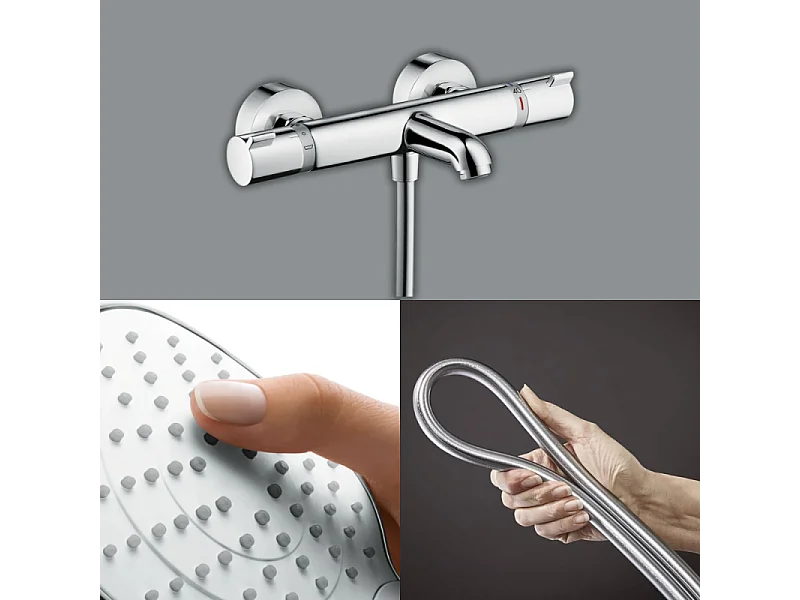 Pack mitigeur bain thermostatique HANSGROHE Ecostat Comfort + Flexible Isiflex 1,6m + Pommeau Croma Select E EcoSmart chromé