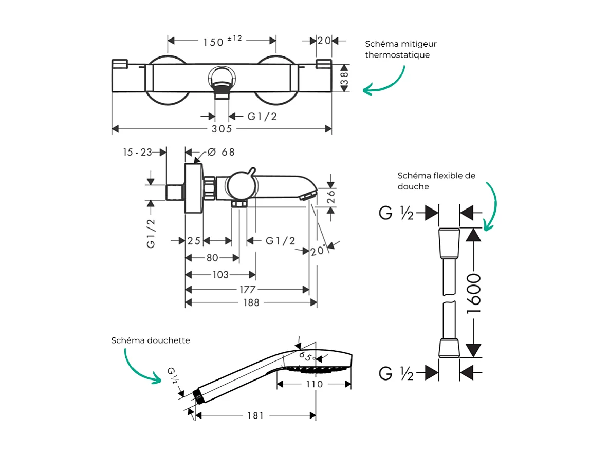 Pack mitigeur bain thermostatique HANSGROHE Ecostat Comfort + Flexible Isiflex 1,6m + Pommeau Croma Select E EcoSmart chromé