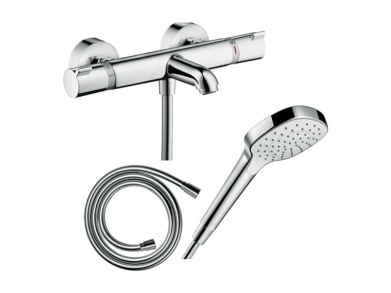 Pack mitigeur bain thermostatique HANSGROHE Ecostat Comfort + Flexible Isiflex 1,6m + Pommeau Croma Select E EcoSmart chromé