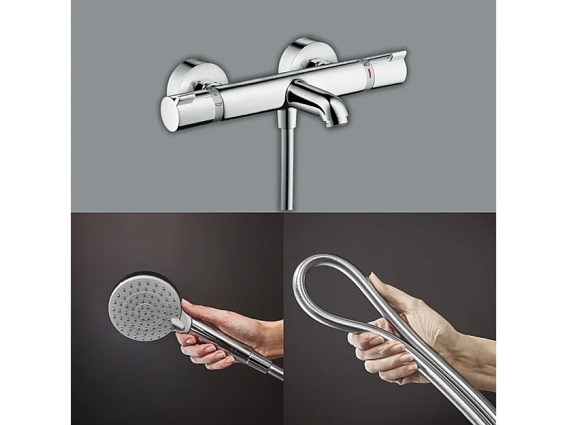 Pack mitigeur bain thermostatique HANSGROHE Ecostat Comfort + Flexible Isiflex 1,6m + Pommeau Vernis Blend EcoSmart 2 jets chromé