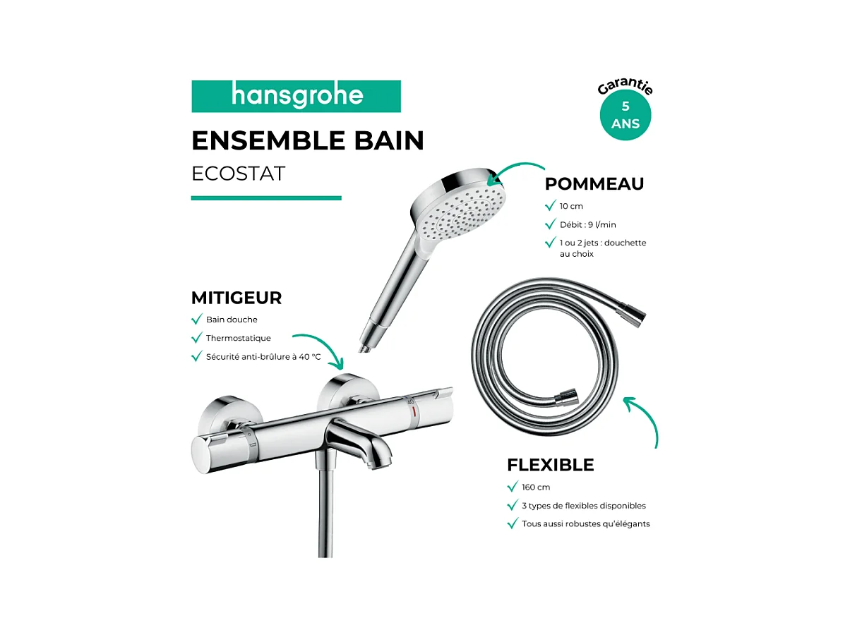 Pack mitigeur bain thermostatique HANSGROHE Ecostat Comfort + Flexible Isiflex 1,6m + Pommeau Vernis Blend EcoSmart 2 jets chromé