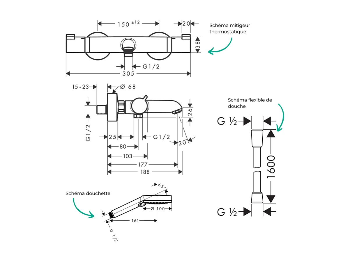 Pack mitigeur bain thermostatique HANSGROHE Ecostat Comfort + Flexible Isiflex 1,6m + Pommeau Vernis Blend EcoSmart 2 jets chromé