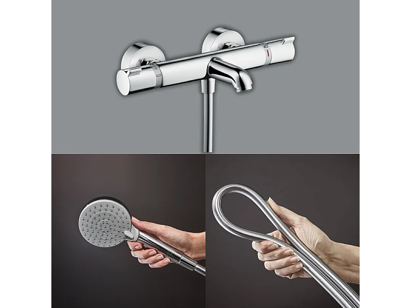 Pack mitigeur bain thermostatique HANSGROHE Ecostat Comfort + Flexible Isiflex 1,6m + Pommeau Vernis Blend EcoSmart 2 jets chromé