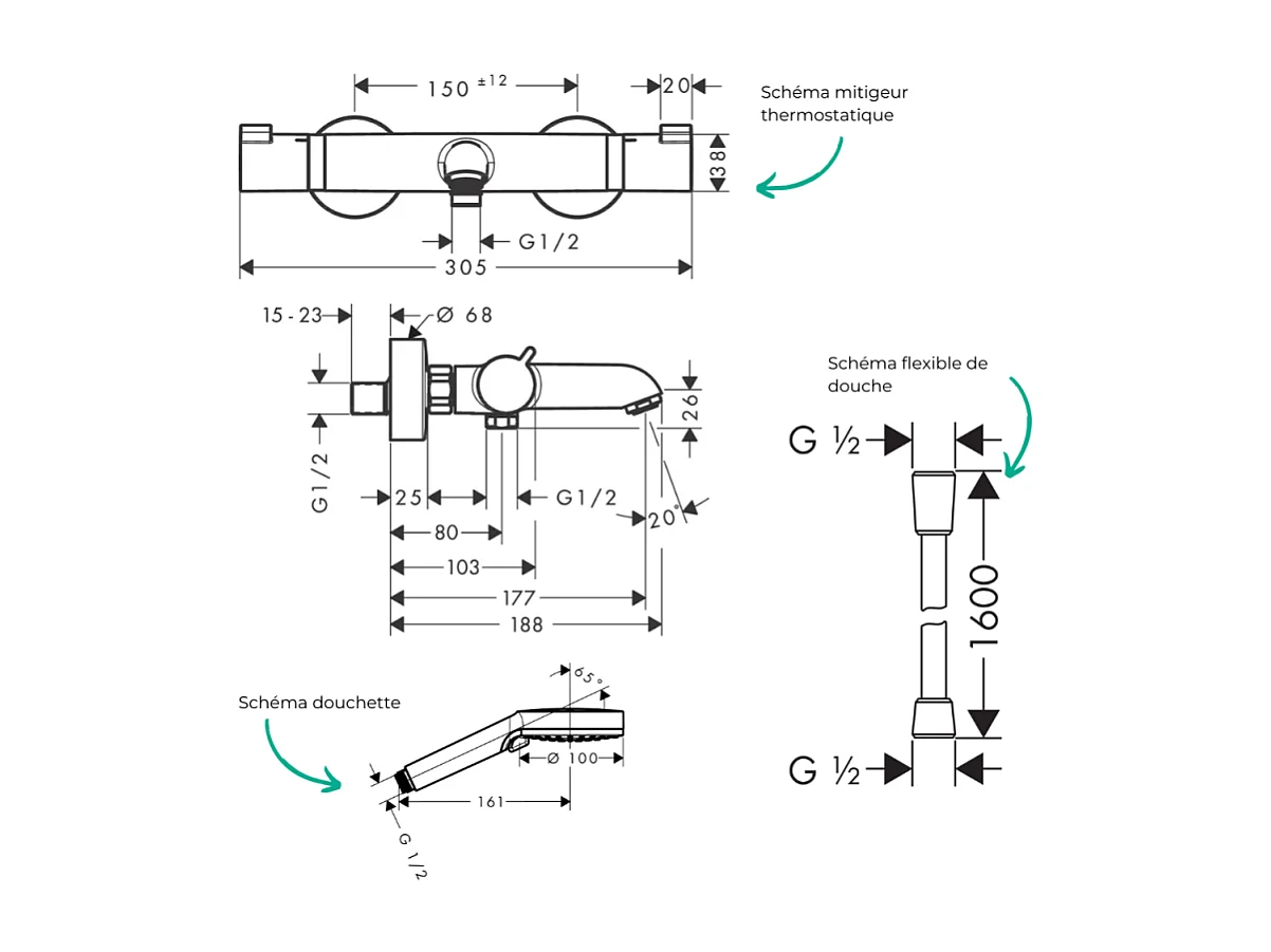 Pack mitigeur bain thermostatique HANSGROHE Ecostat Comfort + Flexible Isiflex 1,6m + Pommeau Vernis Blend EcoSmart 2 jets chromé