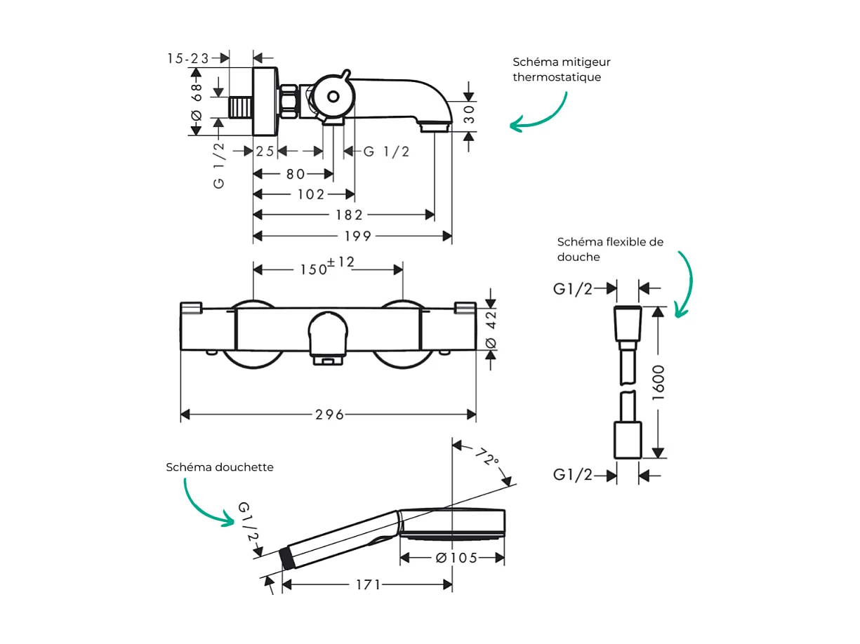 Pack mitigeur bain thermostatique HANSGROHE Ecostat 1001CL + Flexible Designflex+Pommeau Pulsify Select EcoSmart 105 3jets chromé