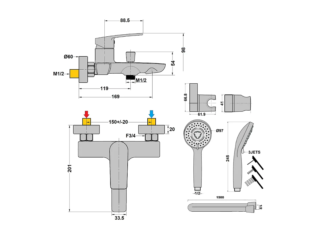 Mitigeur bain douche mural PAINI Ruby Noir Mat + Minikit douchette 3 jets rond Ruby