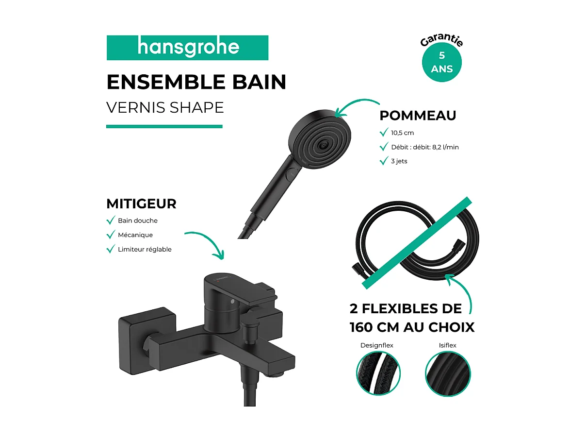 Pack mitigeur bain douche HANSGROHE Vernis Shape + Flexible Designflex + Pommeau HANSGROHE Pulsify Select 105 3 jets noir mat