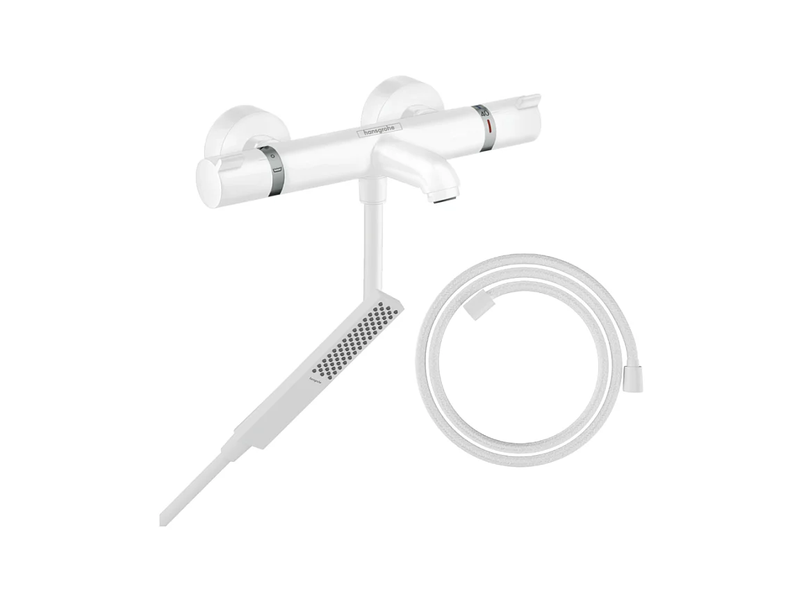 Pack mitigeur bain douche thermostatique HANSGROHE Ecostat Comfort + Flexible Designflex + Pommeau Pulsify E blanc mat
