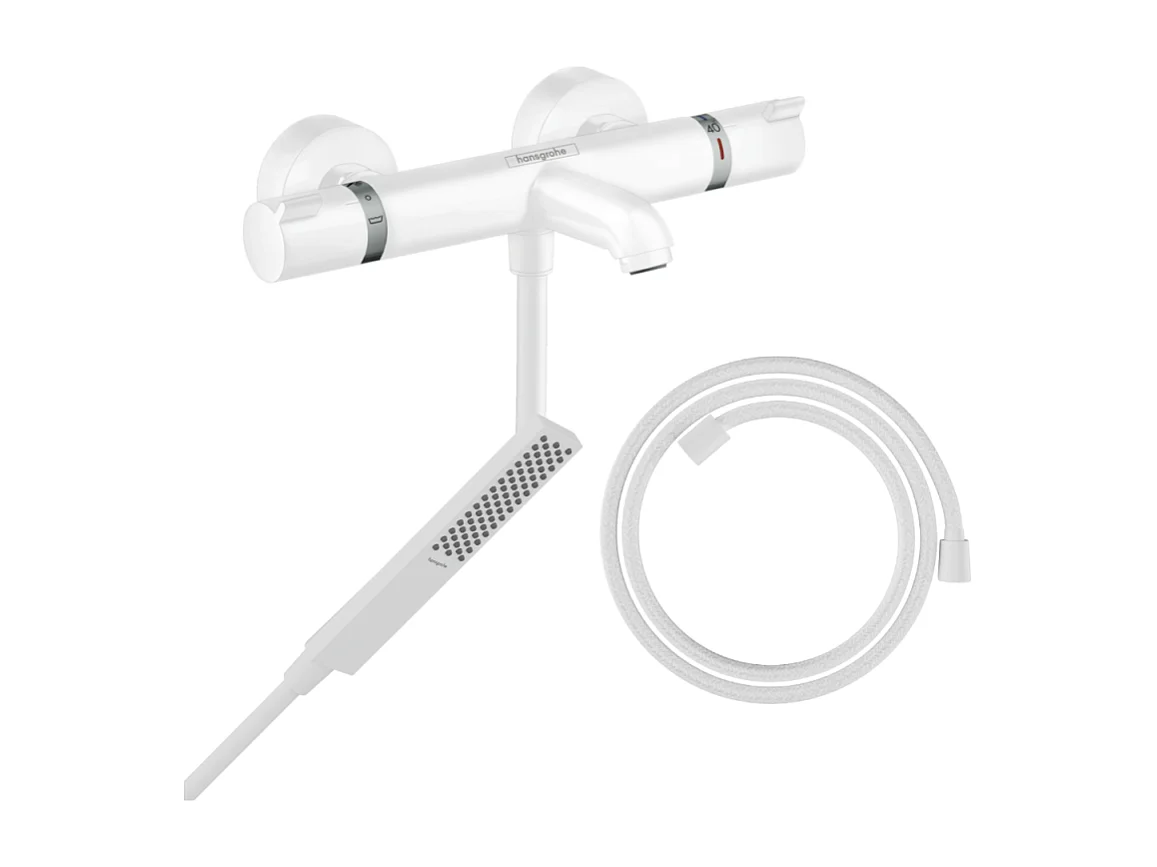Pack mitigeur bain douche thermostatique HANSGROHE Ecostat Comfort + Flexible Designflex + Pommeau Pulsify E blanc mat