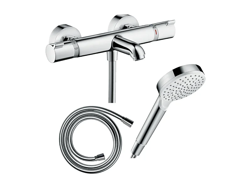 Pack mitigeur bain thermostatique HANSGROHE Ecostat Comfort + Flexible Isiflex 1,6m + Pommeau Vernis Blend EcoSmart chromé