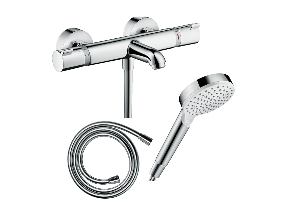 Pack mitigeur bain thermostatique HANSGROHE Ecostat Comfort + Flexible Isiflex 1,6m + Pommeau Vernis Blend EcoSmart chromé
