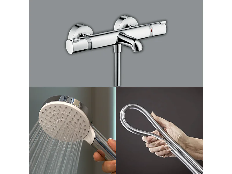 Pack mitigeur bain thermostatique HANSGROHE Ecostat Comfort + Flexible Isiflex 1,6m + Pommeau Vernis Blend EcoSmart chromé