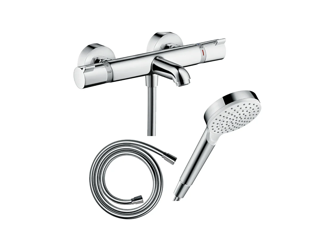 Pack mitigeur bain thermostatique HANSGROHE Ecostat Comfort + Flexible Isiflex 1,6m + Pommeau Vernis Blend EcoSmart chromé