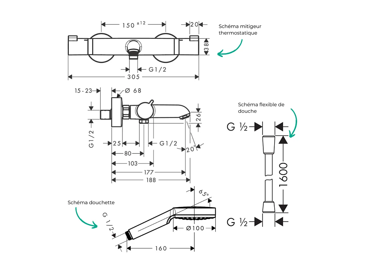 Pack mitigeur bain thermostatique HANSGROHE Ecostat Comfort + Flexible Isiflex 1,6m + Pommeau Vernis Blend EcoSmart chromé
