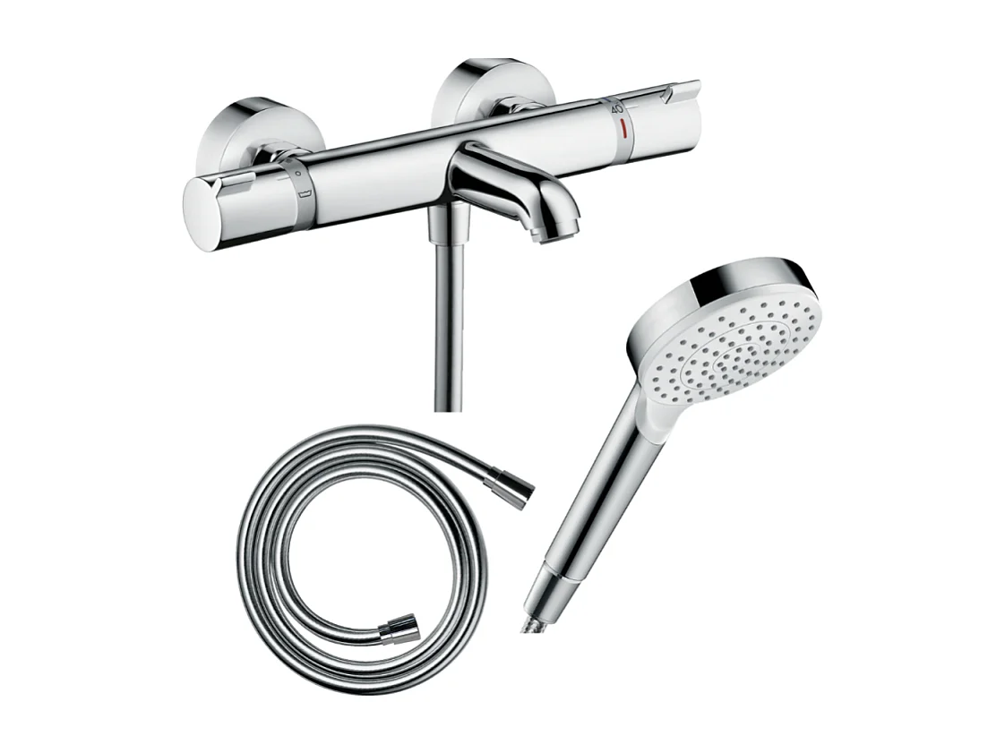 Pack mitigeur bain thermostatique HANSGROHE Ecostat Comfort + Flexible Isiflex 1,6m + Pommeau Vernis Blend EcoSmart chromé