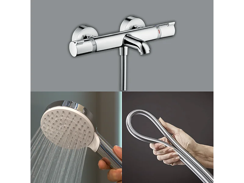 Pack mitigeur bain thermostatique HANSGROHE Ecostat Comfort + Flexible Isiflex 1,6m + Pommeau Vernis Blend EcoSmart chromé