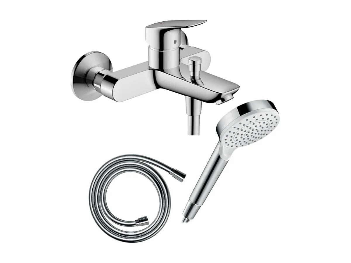 Pack mitigeur bain douche mécanique HANSGROHE Logis + Flexible Isiflex + Pommeau Vernis Blend 100 EcoSmart 1jet chromé