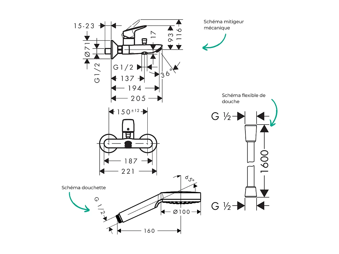 Pack mitigeur bain douche mécanique HANSGROHE Logis + Flexible Isiflex + Pommeau Vernis Blend 100 EcoSmart 1jet chromé