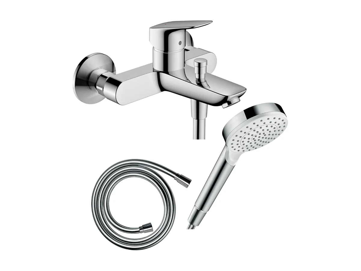 Pack mitigeur bain douche mécanique HANSGROHE Logis + Flexible Isiflex + Pommeau Vernis Blend 100 EcoSmart 1jet chromé