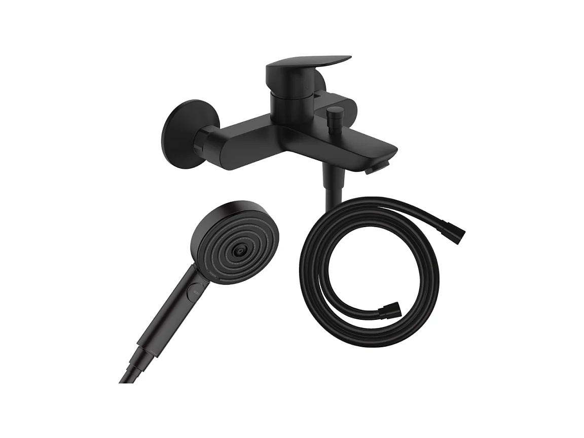 Pack mitigeur bain douche HANSGROHE Logis + Flexible Isiflex + Pommeau HANSGROHE Pulsify Select 105 3 jets noir mat